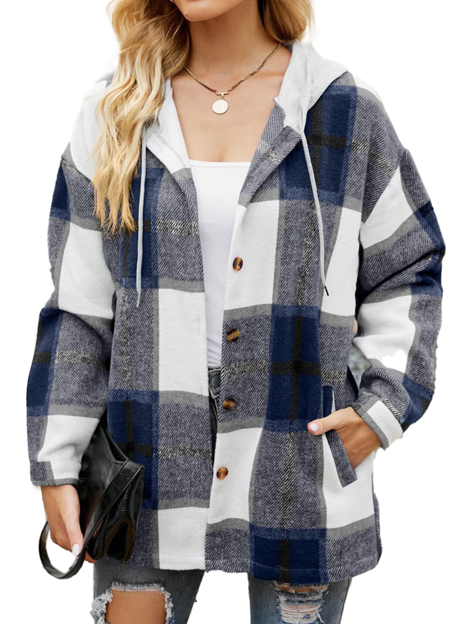 Flannel Shirts for Women Button down Plaid Shirt Hooded Shacket Jacket with Pocket